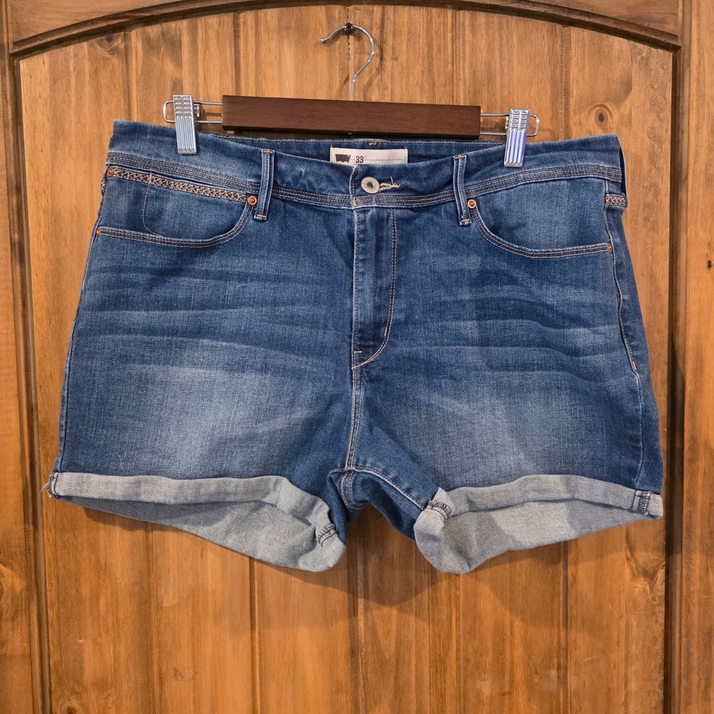 Levis Denim Shorts Womens 33 Blue Excellent Cuffed Mid Rise Embroidered Trim